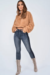 Camel Fluffy Long Sleeve Crop Jumper - Noura-Crop Jumper