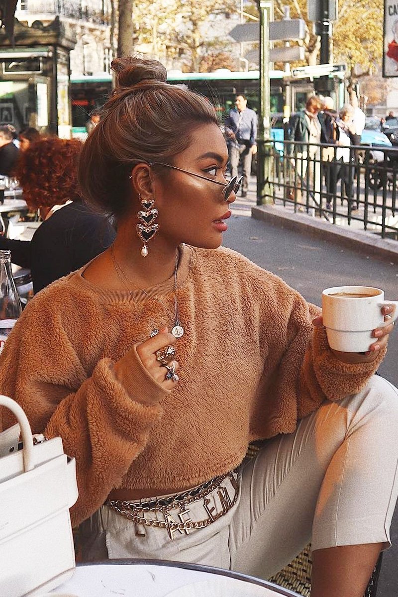 Camel Fluffy Long Sleeve Crop Jumper - Noura-Crop Jumper