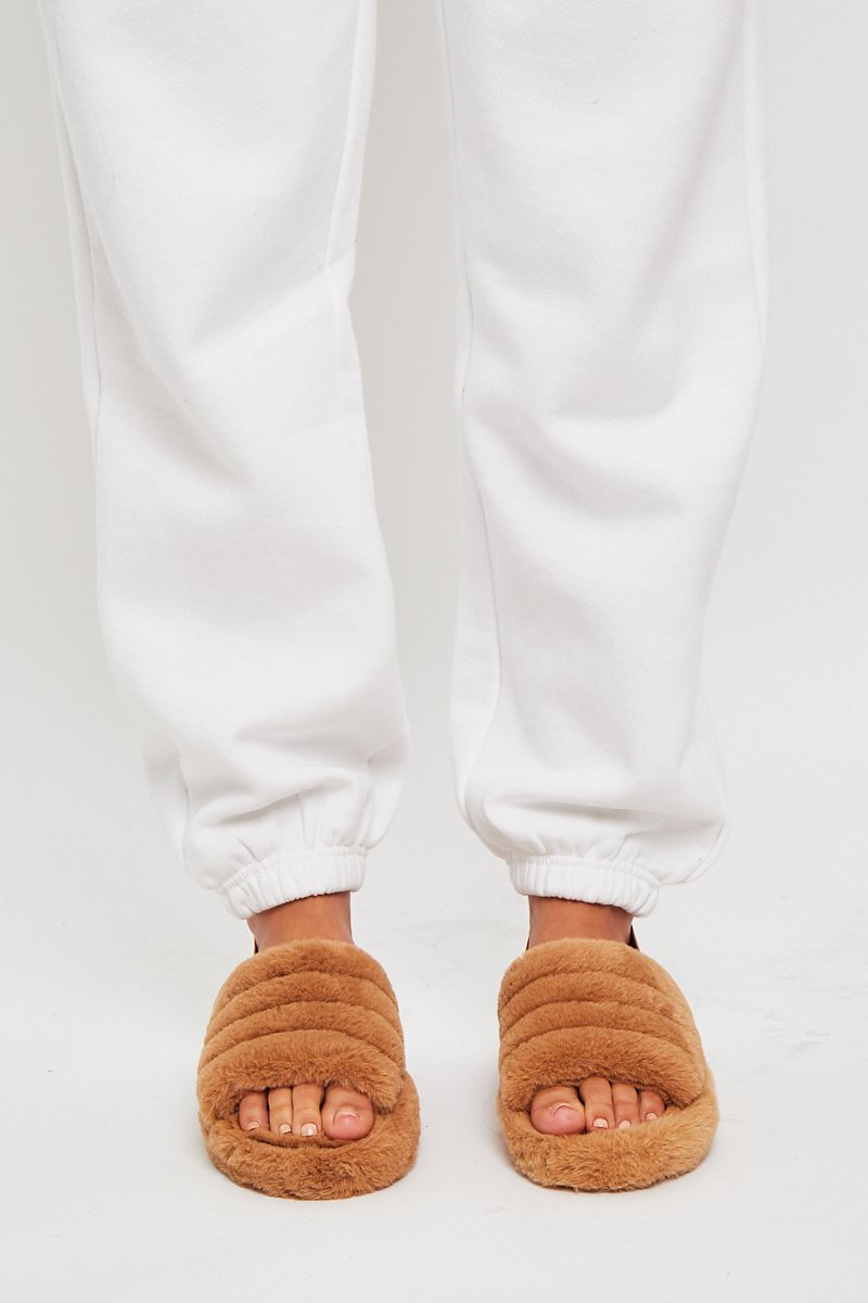 Camel Fluffy Strap Sliders - Naria-Slippers