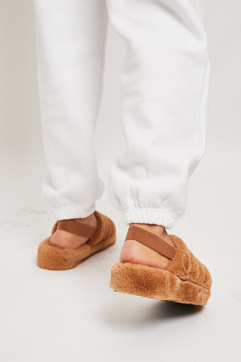 Camel Fluffy Strap Sliders - Naria-Slippers