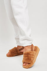 Camel Fluffy Strap Sliders - Naria-Slippers
