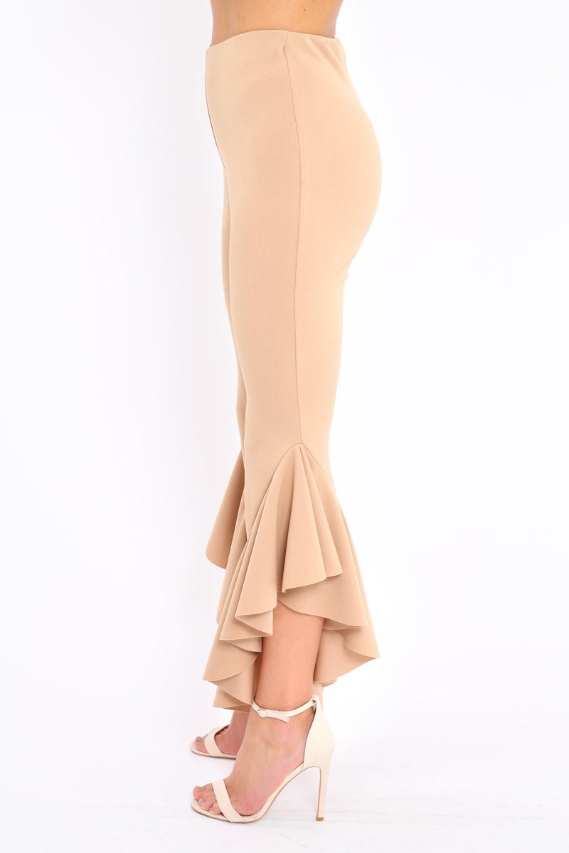 Camel Frill Flare Hem Trousers - Ashlie-Trousers
