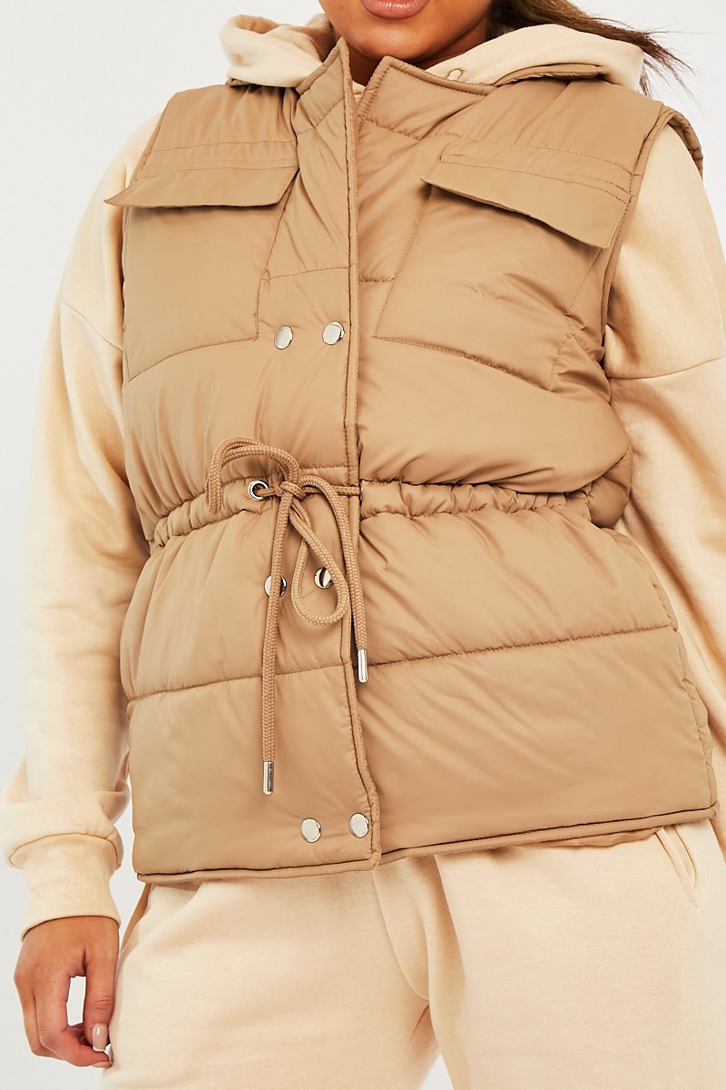 Camel Front Pocket Padded Gilet - Carleigh-Coats