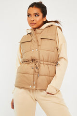 Camel Front Pocket Padded Gilet - Carleigh-Coats
