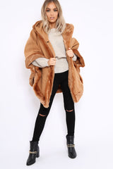 Camel Fur Trim Poncho - Autumn-Coats