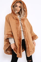 Camel Fur Trim Poncho - Autumn-Coats