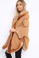 Camel Fur Trim Poncho - Autumn-Coats