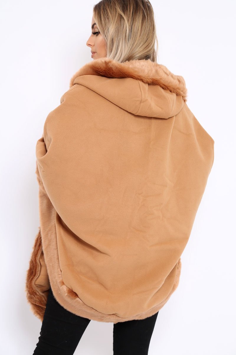 Camel Fur Trim Poncho - Autumn-Coats