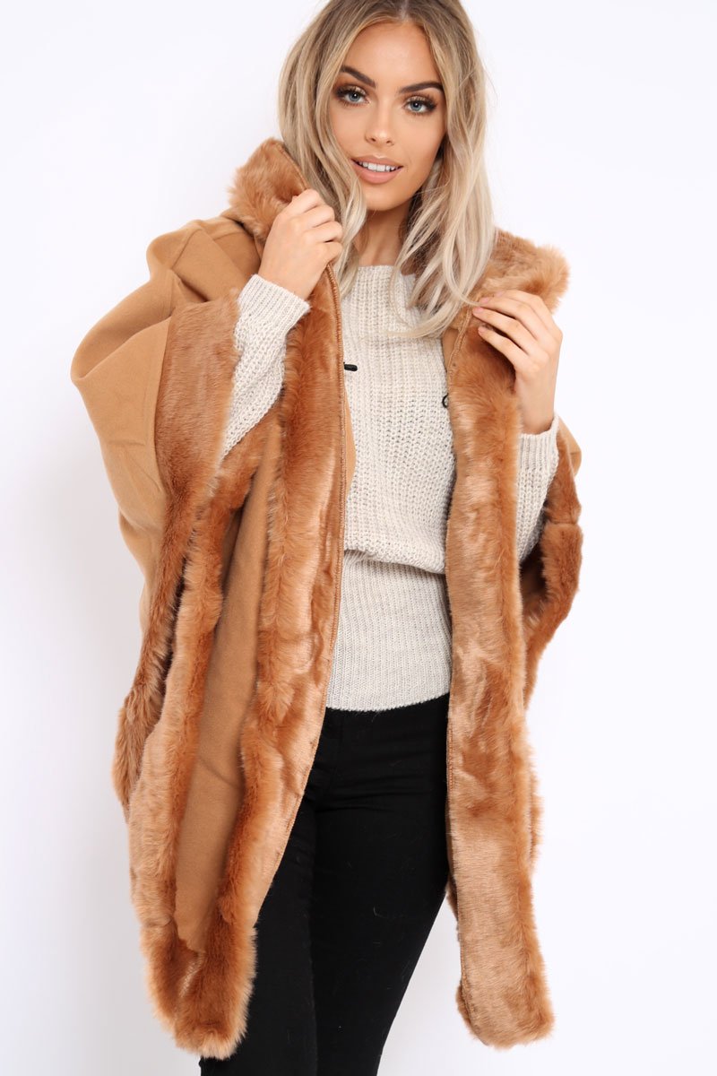 Camel Fur Trim Poncho - Autumn-Coats