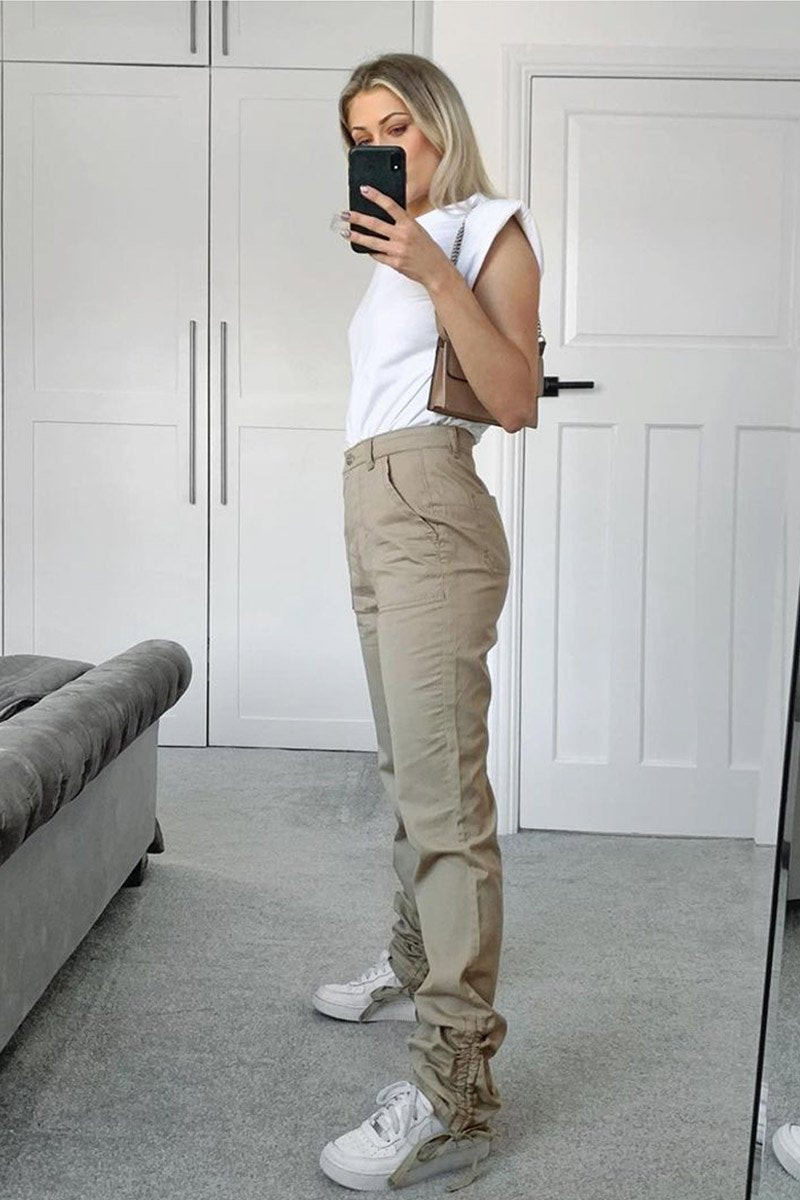 Camel Gathered Hem Tie Trousers - Aaira-Trousers