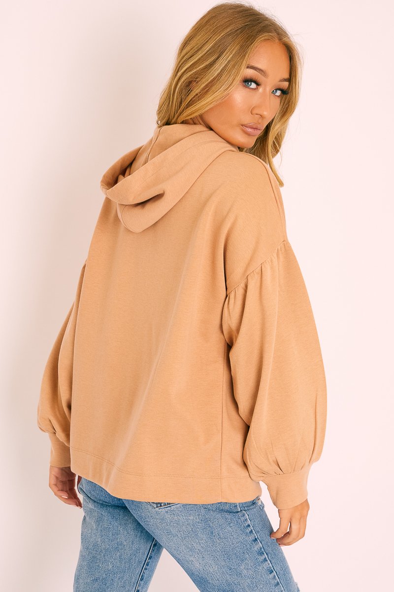 Camel Gathered Sleeve Hoodie - Fenix-Hoodies