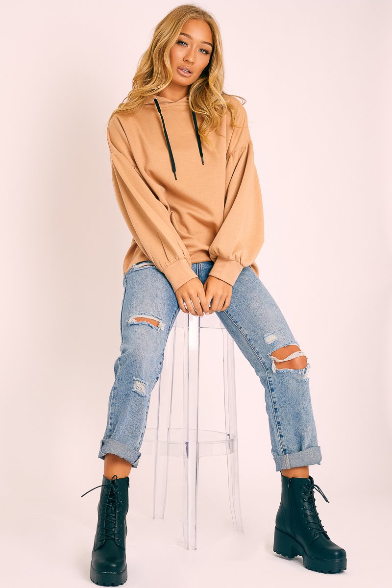 Camel Gathered Sleeve Hoodie - Fenix-Hoodies