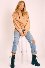 Camel Gathered Sleeve Hoodie - Fenix-Hoodies