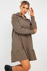 Camel Gingham Frill Hem Mini Shirt Dress - Iyla-Dresses