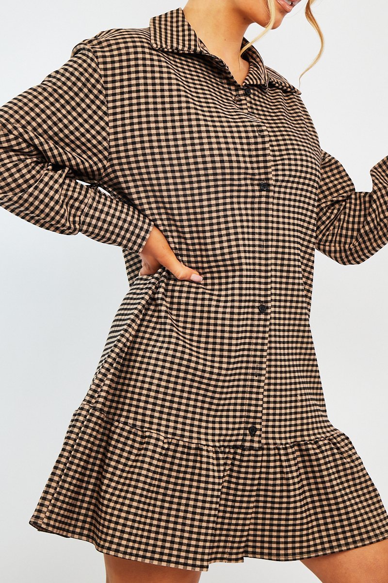 Camel Gingham Frill Hem Mini Shirt Dress - Iyla-Dresses