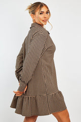 Camel Gingham Frill Hem Mini Shirt Dress - Iyla-Dresses