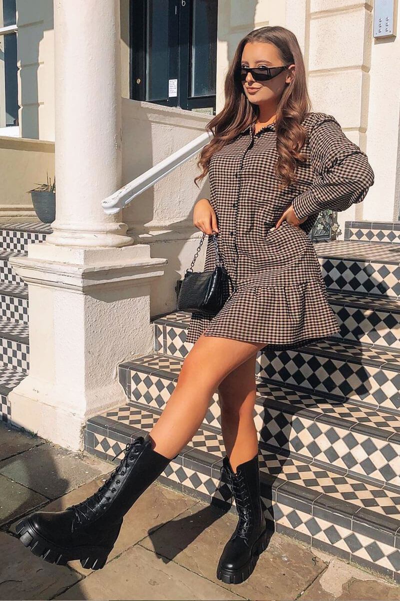 Camel Gingham Frill Hem Mini Shirt Dress - Iyla-Dresses