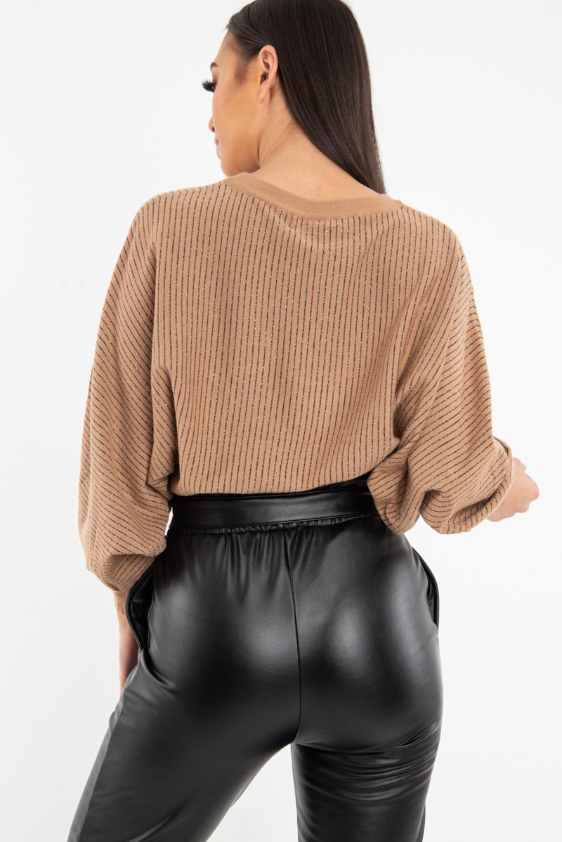 Camel Glitter Stripe Batwing Jumper - Bowyn-Jumper