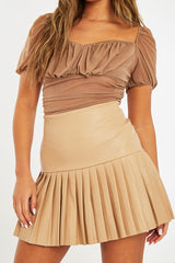 Camel Half Pleated Faux Leather Mini Skirt - Jeniya-Skirts