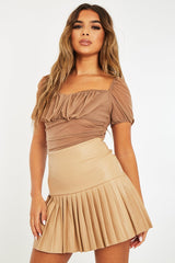 Camel Half Pleated Faux Leather Mini Skirt - Jeniya-Skirts