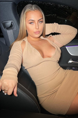 Camel Halter Neck Full Sleeve Cut Out Mini Dress - Jade