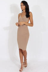 Camel Halterneck Wrap Around Open Back Dress- Lillian-Dresses