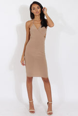Camel Halterneck Wrap Around Open Back Dress- Lillian-Dresses