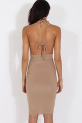 Camel Halterneck Wrap Around Open Back Dress- Lillian-Dresses