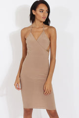 Camel Halterneck Wrap Around Open Back Dress- Lillian-Dresses