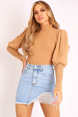 Camel High Neck Balloon Sleeve Jumper - Harriet-Jumper