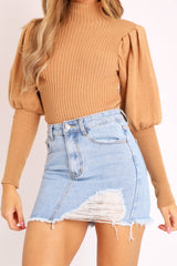 Camel High Neck Balloon Sleeve Jumper - Harriet-Jumper