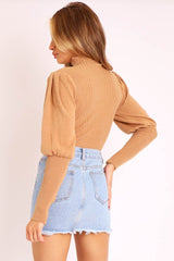 Camel High Neck Balloon Sleeve Jumper - Harriet-Jumper