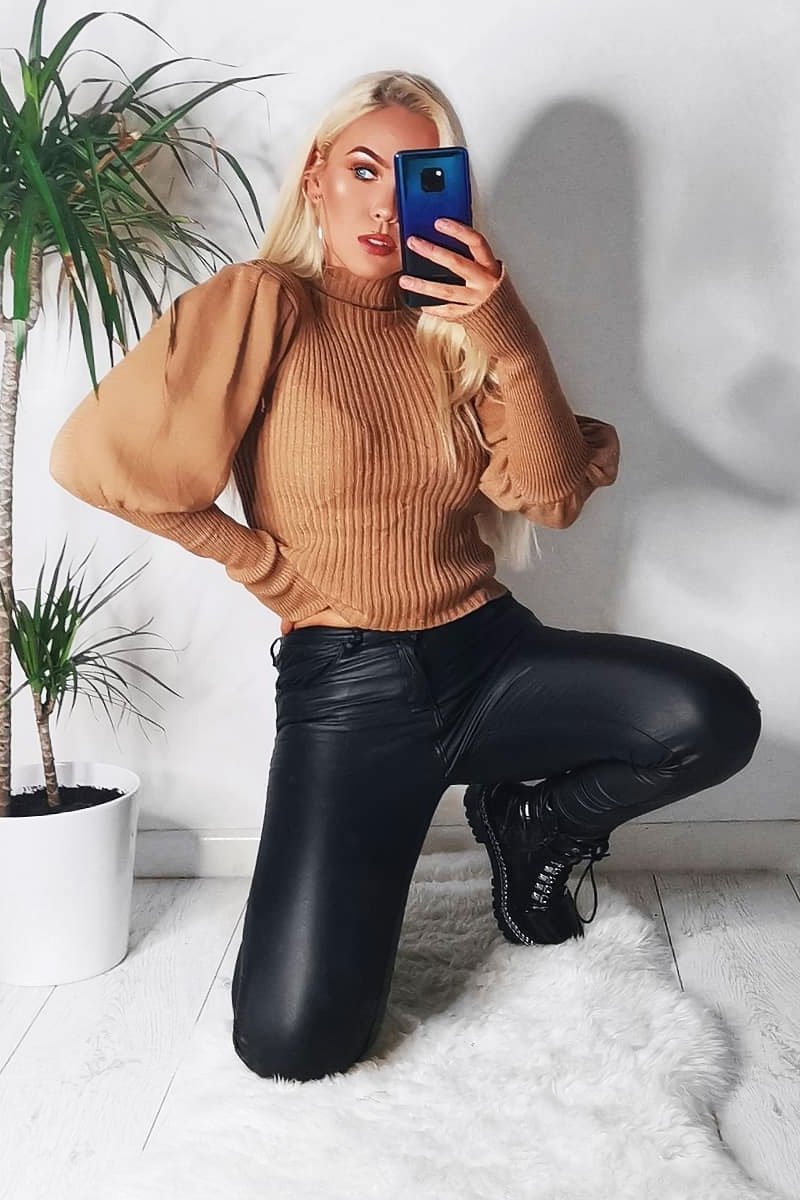 Camel High Neck Balloon Sleeve Jumper - Harriet-Jumper