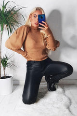 Camel High Neck Balloon Sleeve Jumper - Harriet-Jumper