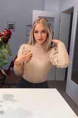 Camel High Neck Balloon Sleeve Jumper - Harriet-Jumper
