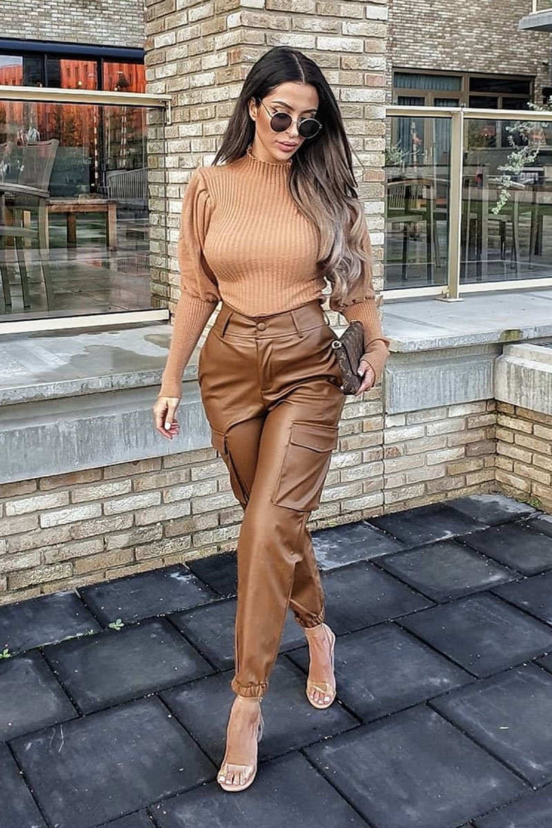 Camel High Neck Balloon Sleeve Jumper - Harriet-Jumper
