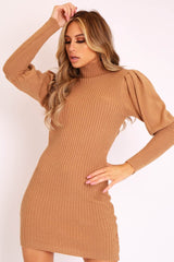 Camel High Neck Balloon Sleeve Knitted Dress - Ginna-Dresses
