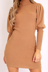 Camel High Neck Balloon Sleeve Knitted Dress - Ginna-Dresses