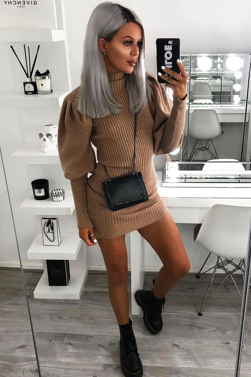 Camel High Neck Balloon Sleeve Knitted Dress - Ginna-Dresses