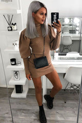 Camel High Neck Balloon Sleeve Knitted Dress - Ginna-Dresses