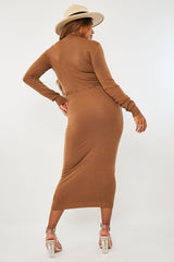 Camel High Neck Belted Knit Midi Dress - Jakira-Dresses