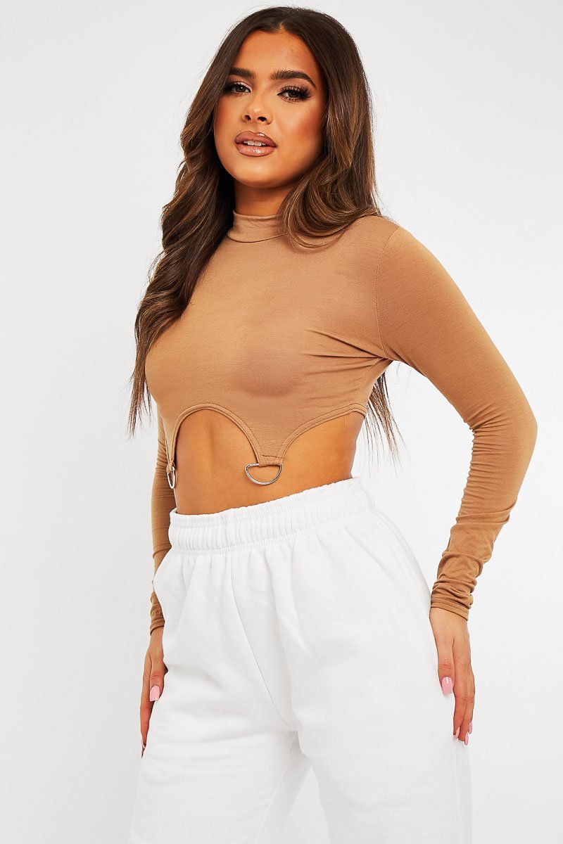 Camel High Neck Cropped Ring Detail Crop Top - Maebel-Crop Tops