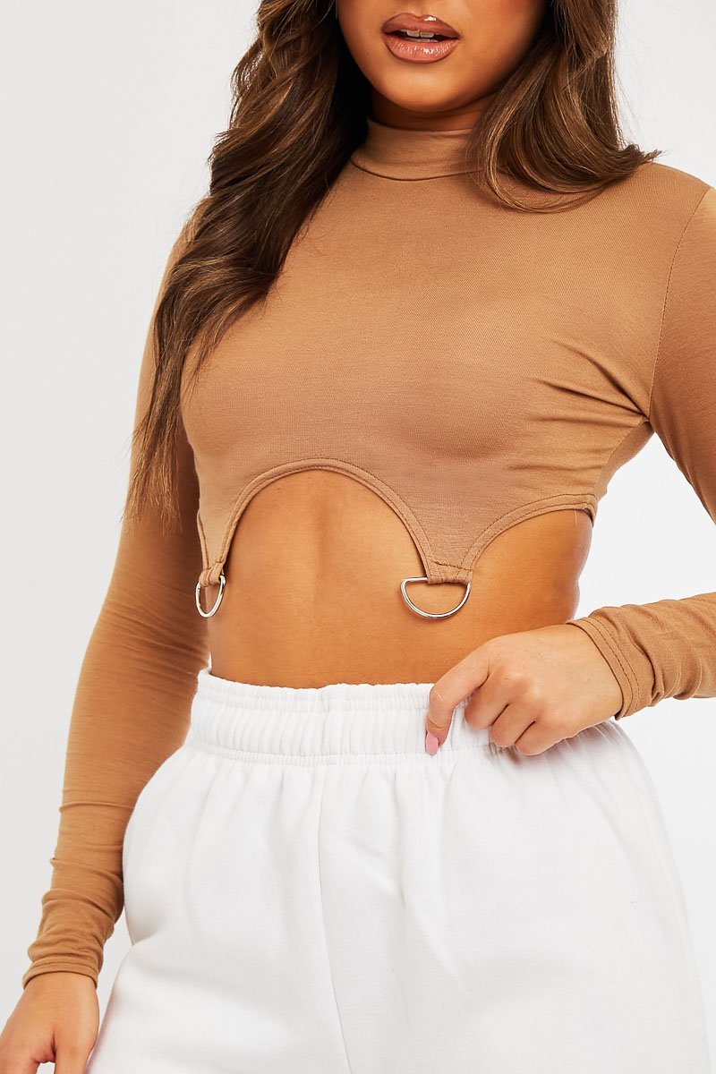 Camel High Neck Cropped Ring Detail Crop Top - Maebel-Crop Tops