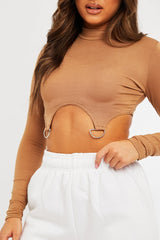 Camel High Neck Cropped Ring Detail Crop Top - Maebel-Crop Tops