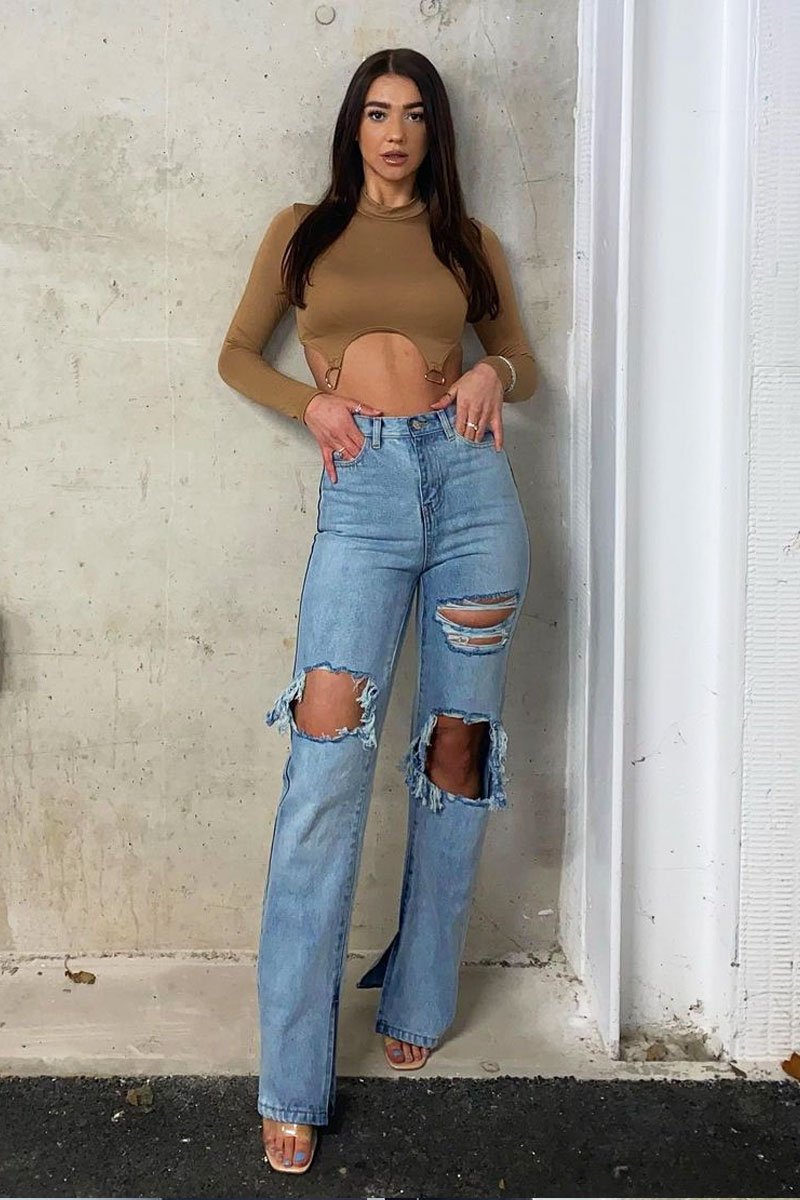 Camel High Neck Cropped Ring Detail Crop Top - Maebel-Crop Tops