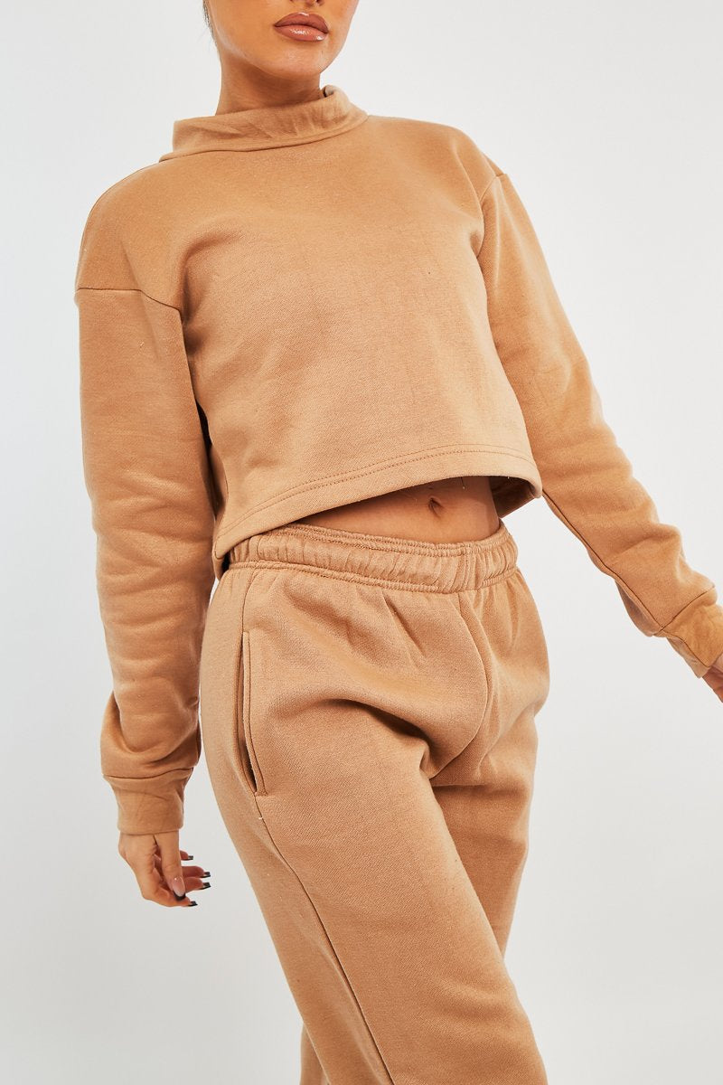 Camel High Neck Cropped Sweatshirt - Orli-Sweatshirts