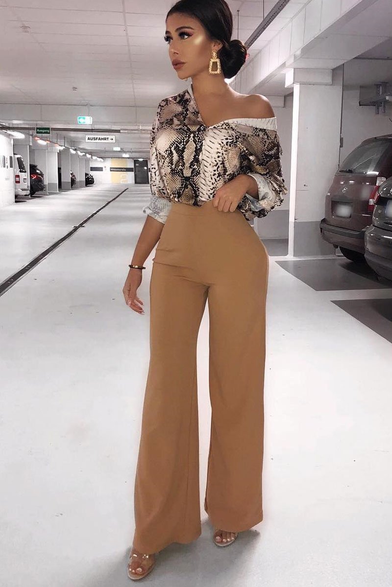 Camel High Waist Flare Trousers -Tisha-Trousers
