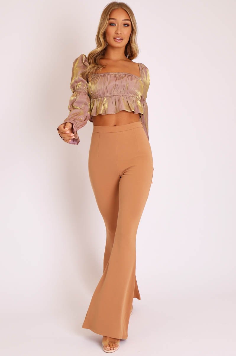 Camel High Waisted Side Zip Flare Trousers - Billie-Trousers