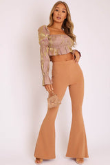 Camel High Waisted Side Zip Flare Trousers - Billie-Trousers