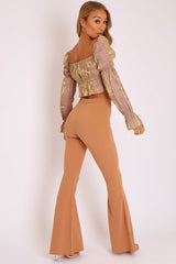 Camel High Waisted Side Zip Flare Trousers - Billie-Trousers